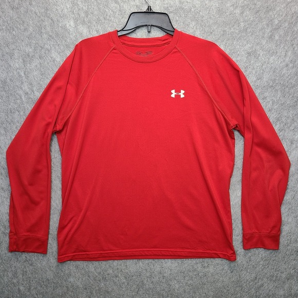 Under Armour Tech Shirt Mens LARGE Red Long Sleeve Crew Neck Gym Workout Fishing - Picture 1 of 8